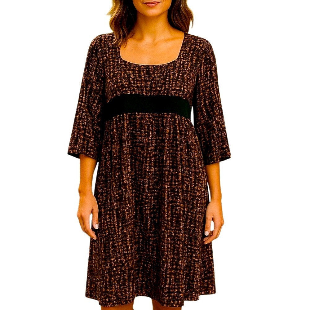 BABYDOLL DRESS Ruched Empire Waist Scoop Neck Mitski Black Orange Womens SZ M